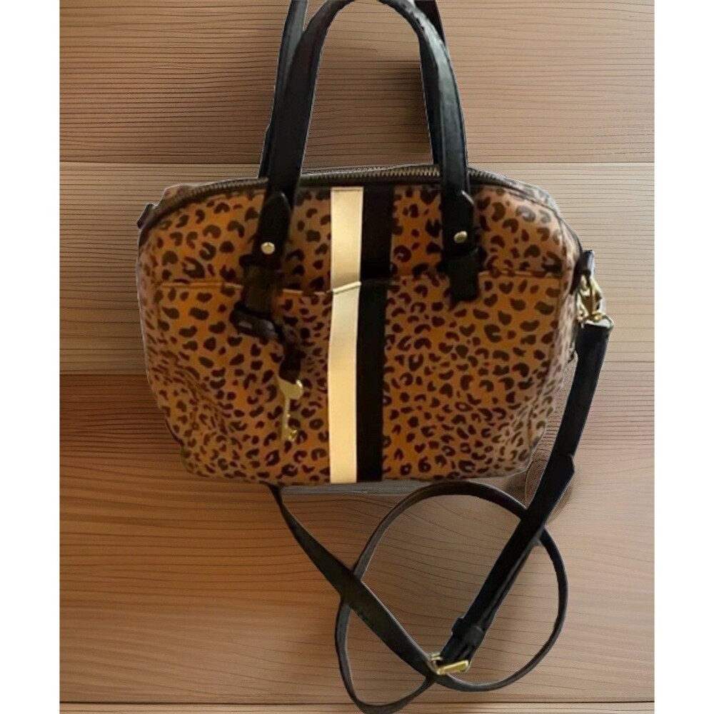 Fossil Leopard Print Satchel with Black and Cream Stripes - Picture 2 of 13